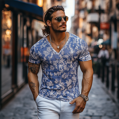 Men's Fashion Casual V-neck Slim Fit Cotton Burnout Fabric Short Sleeve T-shirt MTA2593C9K