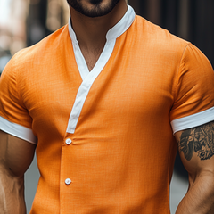 Men's Spring Vintage Fashion Slim Stand Collar Cotton And Linen Short Sleeve Shirt MTA0766D6K