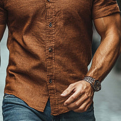 Men's Casual Cotton And Linen Lapel Short Sleeve Shirt MTA2757C9X