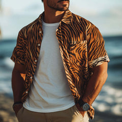 Men's Summer Retro Tiger Print Casual Short Sleeve Shirt MTA0168D2U