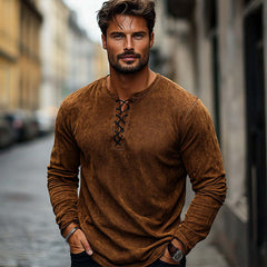 Men's Vintage Brown Suede Lace-Up Long Sleeve T-Shirt MTA1786C1U