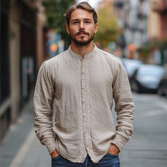 Men's Spring New Retro Ethnic Lace Stitching Stand Collar Long Sleeve Shirt MTA2115C8K