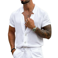 Men's Solid Notch Collar Single Breasted Short Sleeve Shirt MTA0878D6Z