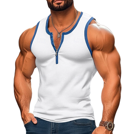 Men's Casual Color Block Cotton Patchwork Zipper Collar Slim Fit Tank Top MTA1817C7M