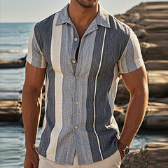 Men's Retro Casual Linen Striped Colorblock Printed Lapel Short Sleeve Shirt MTA2777C7TO