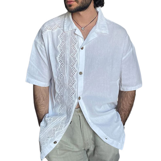 Men's Solid Color Lace Spliced Lapel Long Sleeve Shirt MTA0390D9X