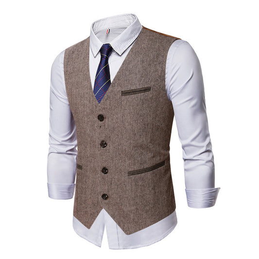 Men's Casual Linen V-neck Single Breasted Patch Pocket Slim Suit Vest 24581320M