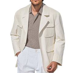 Men's Spring And Autumn Pure White Multi-Pocket Casual Loose Jacket MTA1937C9U