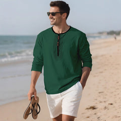 Stylish Men's Long Sleeve Henley Shirt With Unique Button Design