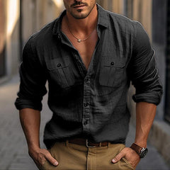Men's Solid Color Double Pocket Cotton And Linen Long Sleeve Shirt 64413169Y