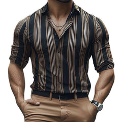 Men's Summer Retro Vertical Stripe Print Short Sleeve Shirt MTA2127C1U