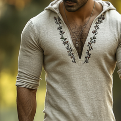 Men's Retro Casual Linen Embroidered Hooded Long Sleeve Shirt MTA2791C9TO