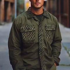 Men's Spring And Autumn Army Green Splicing Printed Long Sleeve Shirt MTA2185C7U