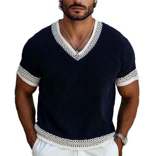 Men's Contrast Knit V-Neck Short Sleeve Sweater T-Shirt MTA1853C1X