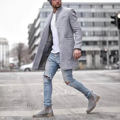 Stylish Gray Overcoat With Casual Denim Jeans Outfit