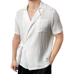 Men's Spring And Summer Fashion Casual Lapel Pleated Fabric Short Sleeve Shirt MTA0850D1K