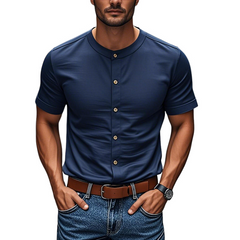 Men's Casual Cotton Round Neck Single Breasted Slim Fit Short Sleeve Shirt MTA3185C7M