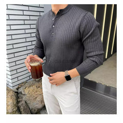 Men's Stylish White Ribbed Henley Sweater for Casual Elegance