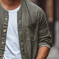 Men's Cotton And Linen Single-Breasted Long-Sleeved Loose Shirt MTA2739C5X