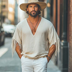 Men's Casual Loose Deep V-Neck Cotton And Linen Tassel T-Shirt MTA1788C2U