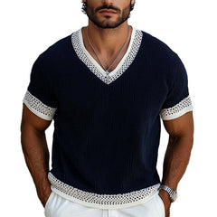 Men's Contrast Knit V-Neck Short Sleeve Sweater T-Shirt MTA1853C1X