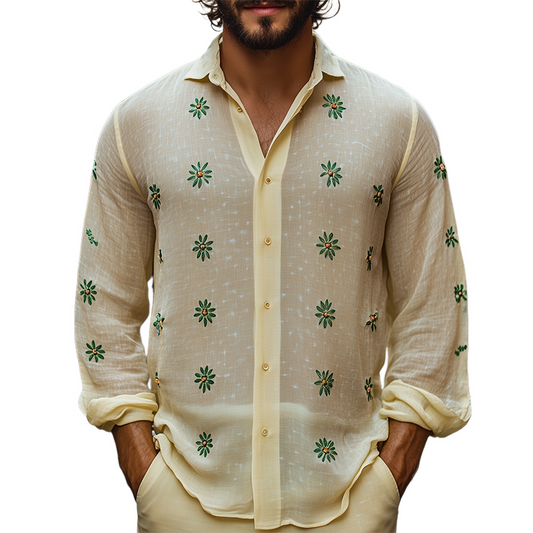 Men's Spring Fashion Silk Cotton Embroidered Long Sleeve Shirt MTA2717C3K