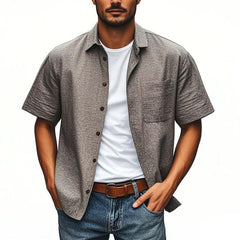 Men's Casual Linen Comfortable Lapel Patch Pocket Single Breasted Loose Short Sleeve Shirt MTA2708C7M