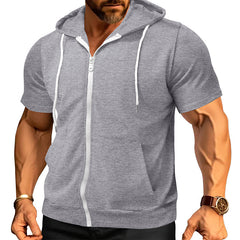 Men's Stylish Short Sleeve Hoodie with Zip-Up Design for Active Wear