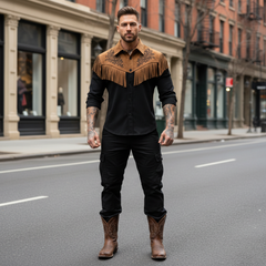 Men's Vintage Western Suede Contrast Embroidered Tassel Long-Sleeve Shirt