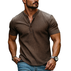 Men's Cotton And Linen Henley Short Sleeve T-Shirt MTA2701C6X