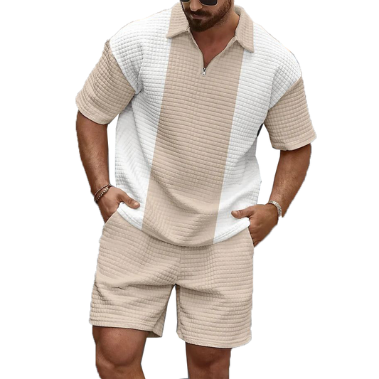 Men's Spring And Summer Casual Waffle Stitching Pullover T-shirt Shorts Set MTA1966C3K