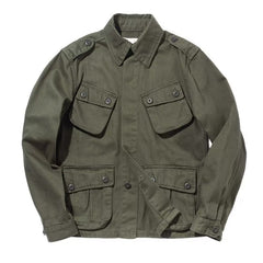 Men's Olive Green Military-Style Jacket with Striped Shirt Combo