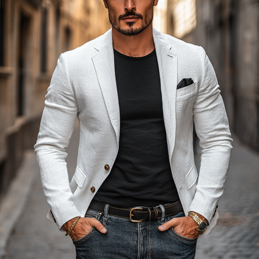 Men's Casual Linen Blended Notched Lapel Single Breasted Slim Fit Blazer MTA3184C7M