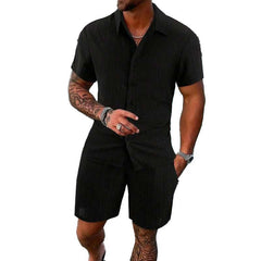 Men's Solid Color Striped Lapel Short Sleeve Shorts Casual Set 63428764X