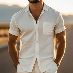 Men's Summer Fashion Casual Slim Fit Silk Cotton Short Sleeve Shirt Pocket Shorts Set MTA0387D3K