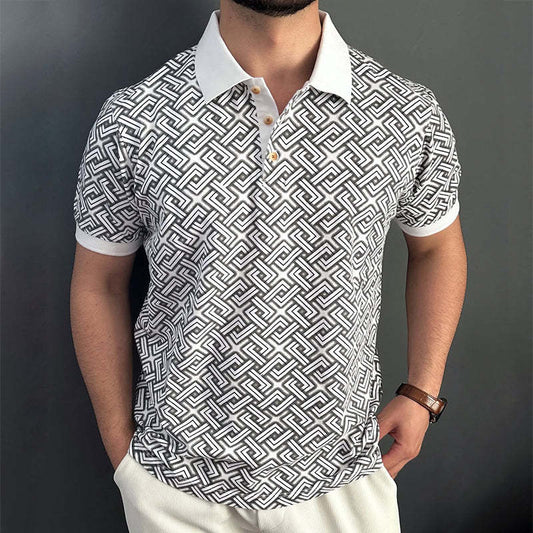 Men's Retro Casual Geometric Print Lapel Short Sleeve Polo Shirt MTA1954C7TO