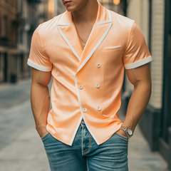 Men's Spring And Summer Fashion Slim Lapel Double-Breasted Tencel Cotton Short-Sleeved Shirt MTA0788D8K