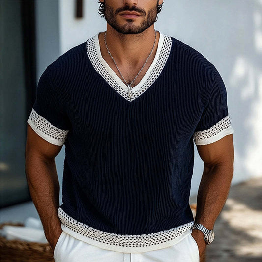 Men's Contrast Knit V-Neck Short Sleeve Sweater T-Shirt MTA1853C1X