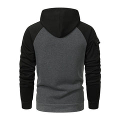 Stylish Contrast Color Hoodie with Functional Pockets and Half-Zip Design for Outdoor Adventures