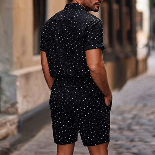 Men's Diamond Dot Lapel Knitted Casual Short Sleeve Shorts Set MTA2651C2U