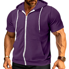 Men's Stylish Short Sleeve Hoodie with Zip-Up Design for Active Wear