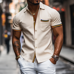 Men's Fashion Casual Slim Fit Colorful Ribbon Stitching Cotton And Linen Short Sleeve Shirt MTA0970D5K