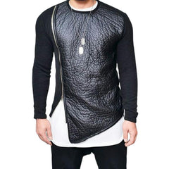 Men's Leather Stitching Zip-up Round Neck Long-sleeved T-shirt (Internal T-shirt Not Included) 12785925U