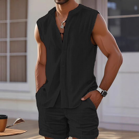 Men's Casual Loose Beach Set - Sleeveless Vest Shirt + Casual Shorts