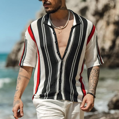 Men's Knit Striped Lapel Lapel Short Sleeve Polo Shirt MTA0156D2Z