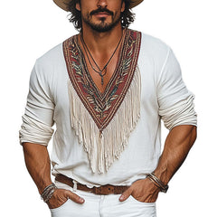 Men's Vintage Embroidered Deep V Neck Cotton Tassel T-Shirt MTA1773C5U