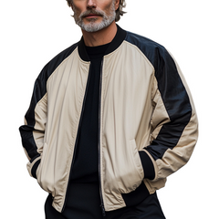 Men's Retro Black Camel Colorblock Zipper Baseball Jacket 25166445U