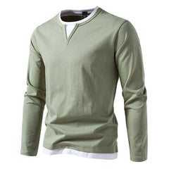 Men's Casual Color Matching Fake Two-Piece Double-Layer V-Neck Long-Sleeved T-Shirt 49232635Y