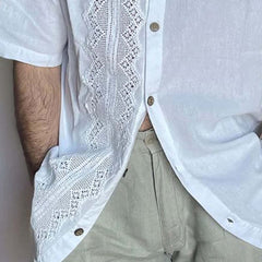 Men's Solid Color Lace Spliced Lapel Long Sleeve Shirt MTA0390D9X