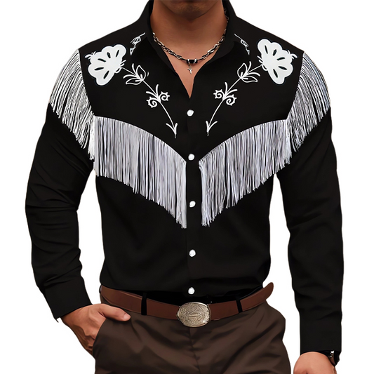 Men's Vintage Embroidered Tassel Long Sleeve Cotton Shirt 67104892U